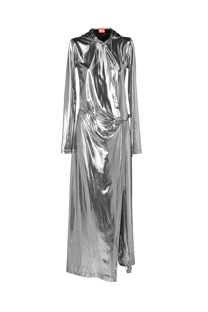 Hooded maxi dress in metallic jersey